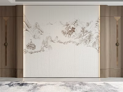 Chinese Style Sofa Background Wall With Landscape Painting And Wooden Accents 3d model