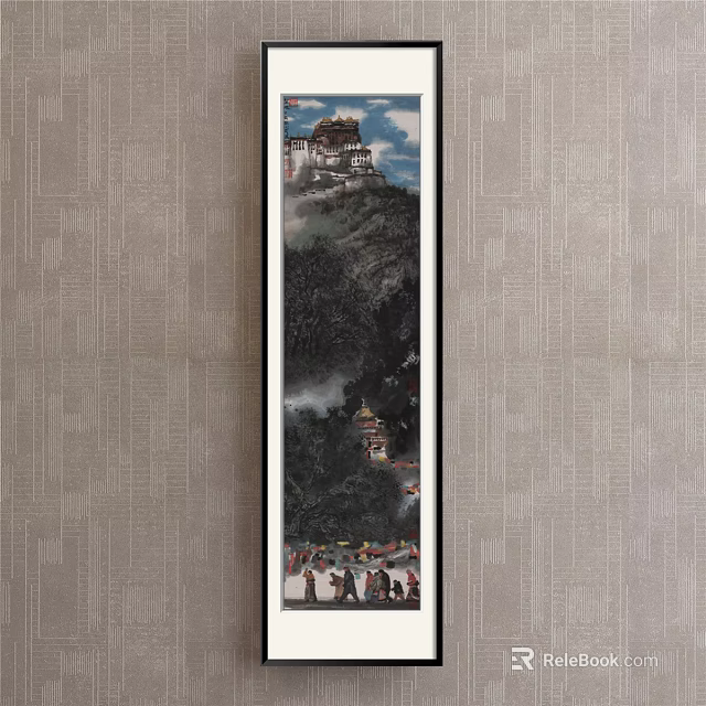 Traditional Chinese Landscape Painting With Mountain Top Building Mist Trees And Gathering Figures 3d model 