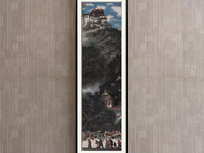 Traditional Chinese Landscape Painting With Mountain Top Building Mist Trees And Gathering Figures 3d model