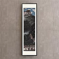 Traditional Chinese Landscape Painting With Mountain Top Building Mist Trees And Gathering Figures