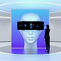 Modern Art Installation With White Head Sculpture VR Headset Blue Digital Interface And Interaction