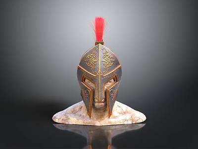 Ancient Warrior Helmet with Golden Decorations and Red Plume on Stone Base Historical Weaponry Design 3d model