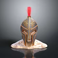 Ancient Warrior Helmet with Golden Decorations and Red Plume on Stone Base Historical Weaponry Design