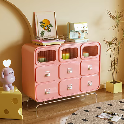 Pink Entryway Console Cabinet With Drawers Glass Doors And Decorative Items Potted Plant And Ornament 3d model