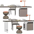 Modern Gray Desk With Orange Chair Metal Frame Red Lamp And Storage Drawers