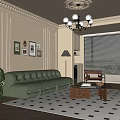 Elegant Living Room Interior with Green Leather Sofa Black White Checkered Rug Wooden Coffee Table Beige Walls Chandelier