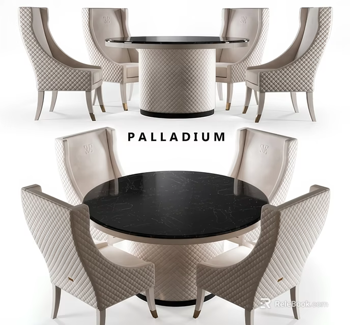 Palladium Modern Dining Table And Chairs Set With Black Marble Top And Woven Design 3d model 