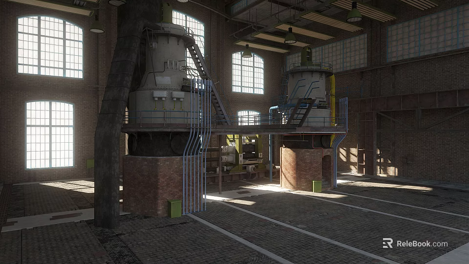 Industrial Factory Interior With Large Machinery Brick Walls Large Windows And Metal Platforms 3d model 