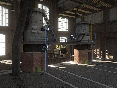 Industrial Factory Interior With Large Machinery Brick Walls Large Windows And Metal Platforms 3d model