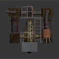 Industrial Equipment With Large Wheels Metal Pipes Ladder And Mechanical Support Structures