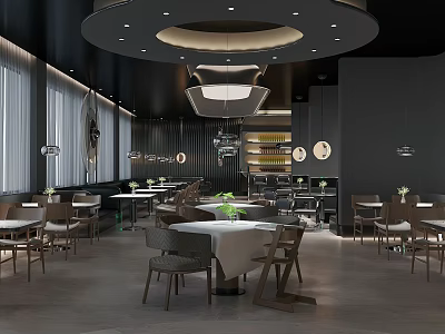 Modern Restaurant Interior With Round Pendant Lights White Dining Tables Wooden Chairs And Large Windows 3d model