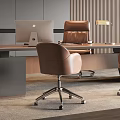 Modern Office Interior With Desk Two Pink Office Chairs Sofa Area And Bookshelf