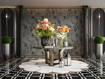Hotel Lobby Entrance With Round Table Flowers Vases Patterned Wallpaper Columns And Black White Tiled Floor 3d model