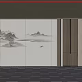 Modern Minimalist Backdrop Wall With Chinese Landscape Painting And Wooden Panels