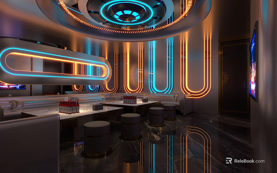 Elegant Modern KTV Interior With Neon Lights Circular Ceiling Tables And Stools 3d model 