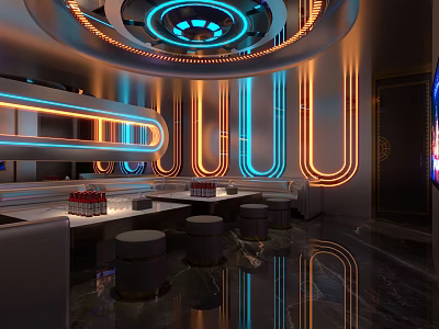 Elegant Modern KTV Interior With Neon Lights Circular Ceiling Tables And Stools 3d model