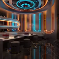 Elegant Modern KTV Interior With Neon Lights Circular Ceiling Tables And Stools 3d model