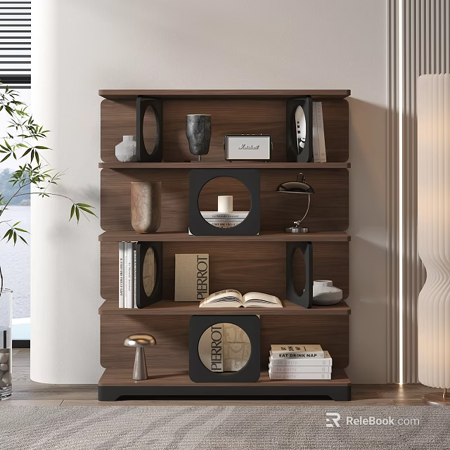 Modern Wooden Display Shelf with Multi-tiered Design Decorative Items Books Table Lamp and Vases 3d model 