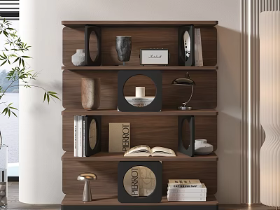 Modern Wooden Display Shelf with Multi-tiered Design Decorative Items Books Table Lamp and Vases 3d model
