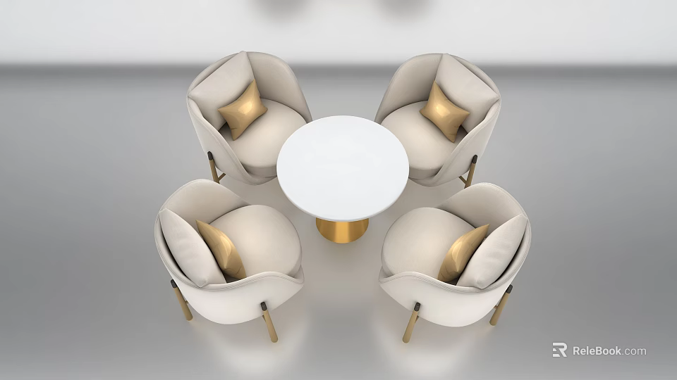 Modern Round Table With White Tabletop Gold Base And Four Light Chairs With Gold Cushions 3d model 