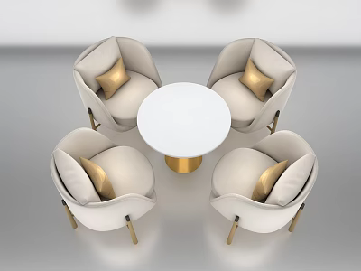 Modern Round Table With White Tabletop Gold Base And Four Light Chairs With Gold Cushions 3d model