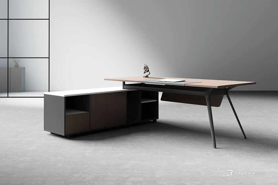 Modern Office Desk With Wooden Top Black Metal Legs And Storage Cabinet 3d model 