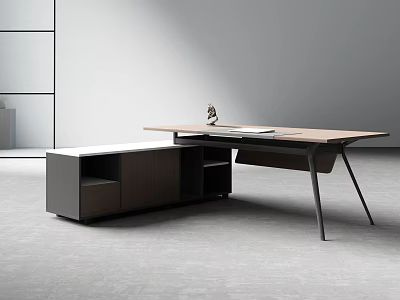 Modern Office Desk With Wooden Top Black Metal Legs And Storage Cabinet 3d model
