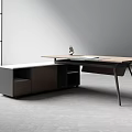 Modern Office Desk With Wooden Top Black Metal Legs And Storage Cabinet