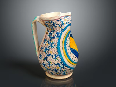 Vintage Ceramic Pitcher With Colorful Blue Yellow Patterns And Decorative Design 3d model