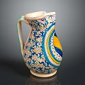 Vintage Ceramic Pitcher With Colorful Blue Yellow Patterns And Decorative Design