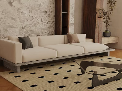 Beige Three Seater Sofa With Black Cushions On Geometric Pattern Rug And Modern Coffee Table 3d model