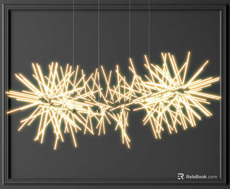 Modern Star Shaped Chandelier With Slim Light Tubes Warm Yellow Glow Dark Wall 3d model 