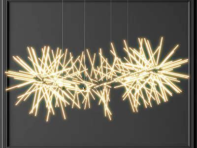 Modern Star Shaped Chandelier With Slim Light Tubes Warm Yellow Glow Dark Wall 3d model