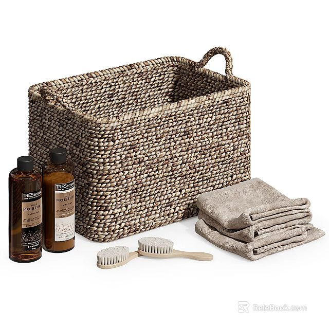 Luxe Perfume Cosmetics Set with Woven Basket Brown Bottles Towels and Wooden Brushes 3d model 