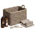 Luxe Perfume Cosmetics Set with Woven Basket Brown Bottles Towels and Wooden Brushes