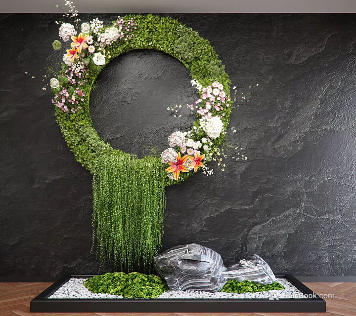 Circular Green Moss Floral Hanging Decoration With Colorful Blooms Trailing Vines And Stone Accents 3d model 