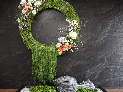 Circular Green Moss Floral Hanging Decoration With Colorful Blooms Trailing Vines And Stone Accents 3d model