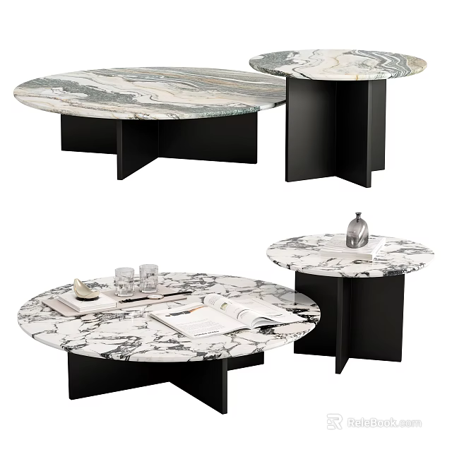 Round Marble Coffee Table With Black Base Open Book Glass Cups And Vase 3d model 