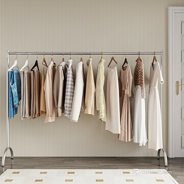 Stylish Dresses Shirts And Blouses Hanging On Metal Rack Against Stripe Wall 3d model 