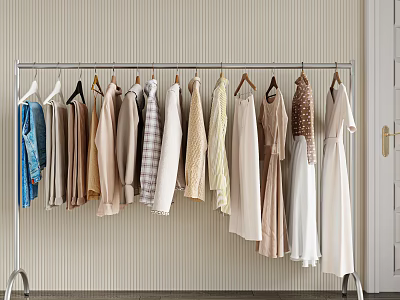 Stylish Dresses Shirts And Blouses Hanging On Metal Rack Against Stripe Wall 3d model