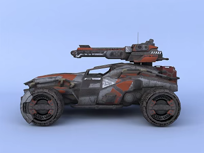 Futuristic Armored Tank With Orange Gray Accents And Cannon On Four Wheels 3d model