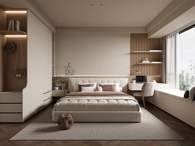 Modern Bedroom Interior Design With Large Bed Wardrobe Desk And Green Plant 3d model
