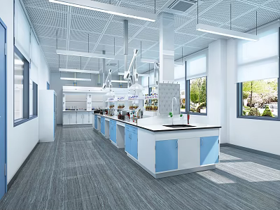 Modern Laboratory Interior With Lab Benches Fume Hoods And Large Windows 3d model
