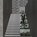 Modern Staircase with Concrete Walls Brick Wall Background Orange Handrail and Multi Level Green Plants