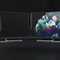 Curved Computer Monitor with Blue Tech Pattern Glowing Star Circular Structure and Silver Base Design
