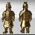 Golden Terracotta Warrior Man in Traditional Armor with Front and Back Views