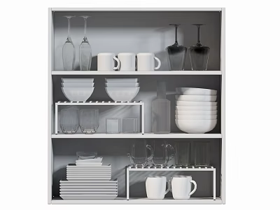 White Kitchen Dinnerware Set With Wine Glasses Mugs Bowls Plates And Glass Cups On Shelf 3d model