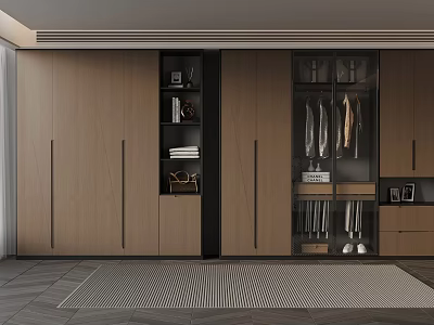 Modern Wardrobe Interior Design With Wooden Cabinets Hanging Clothes Shelves And Drawers 3d model