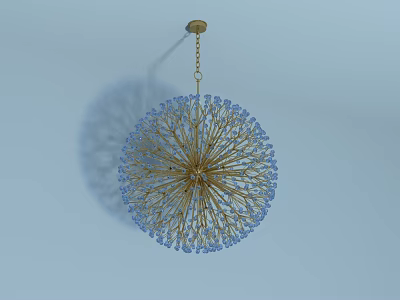 Spherical Chandelier With Golden Metal Wires And Blue Beads Hanging In Light Blue Background 3d model