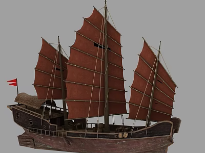 Ancient Chinese Sailing Ship With Wooden Hull Red Sails Single Mast And Small Flag 3d model